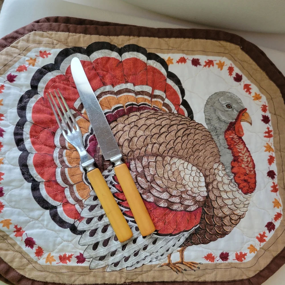 Quilted Turkey Placemats (6) Handmade Autumn Theme Leaves Farmhouse Cottage